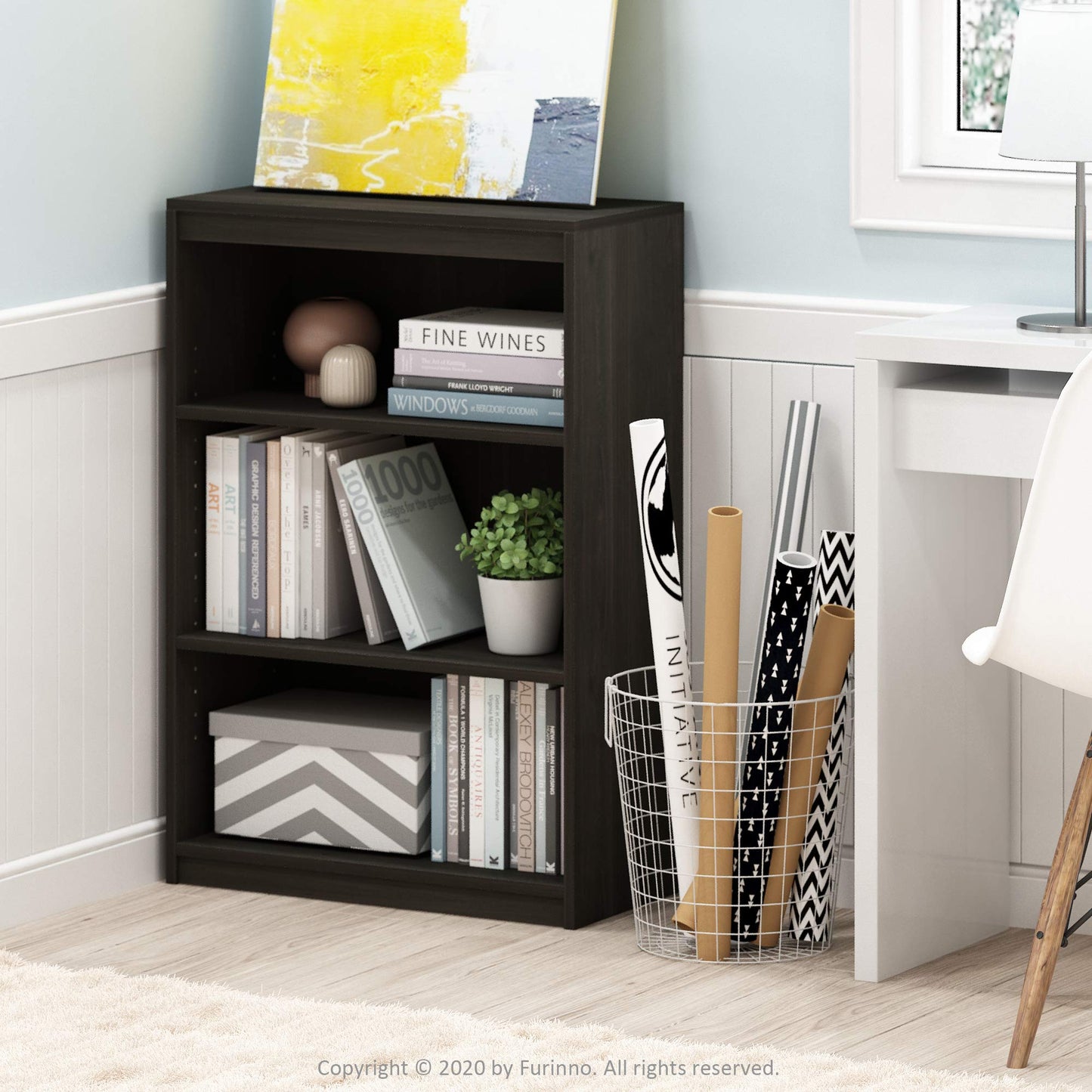 Furinno Gruen Book Shelf, 3-Tier Book Shelf, Bookcase with Adjustable Shelves, 11.7 x 24.5 x 35.9, for Organization and Storage, for Living Room, Bedroom, Home Office, Espresso