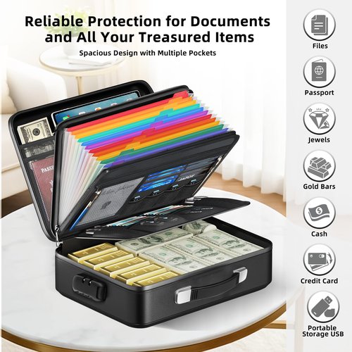 Fireproof Document Box - 8-Layer Hard Shell Fire Proof Safe for Home Documents, Water Resistant File Organizer for Desk Money, Safety Box for Passports Certificates Laptop