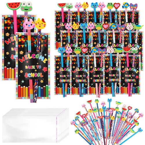 Back to School Supplies Gifts for Students, 48 Pcs Welcome Back to School Pencils with Cartoon Animal Pencil Erasers Toppers, 24 Pcs Cards, 24 Pcs Clear Bags Backk to Schol Stuff First Day of Sch