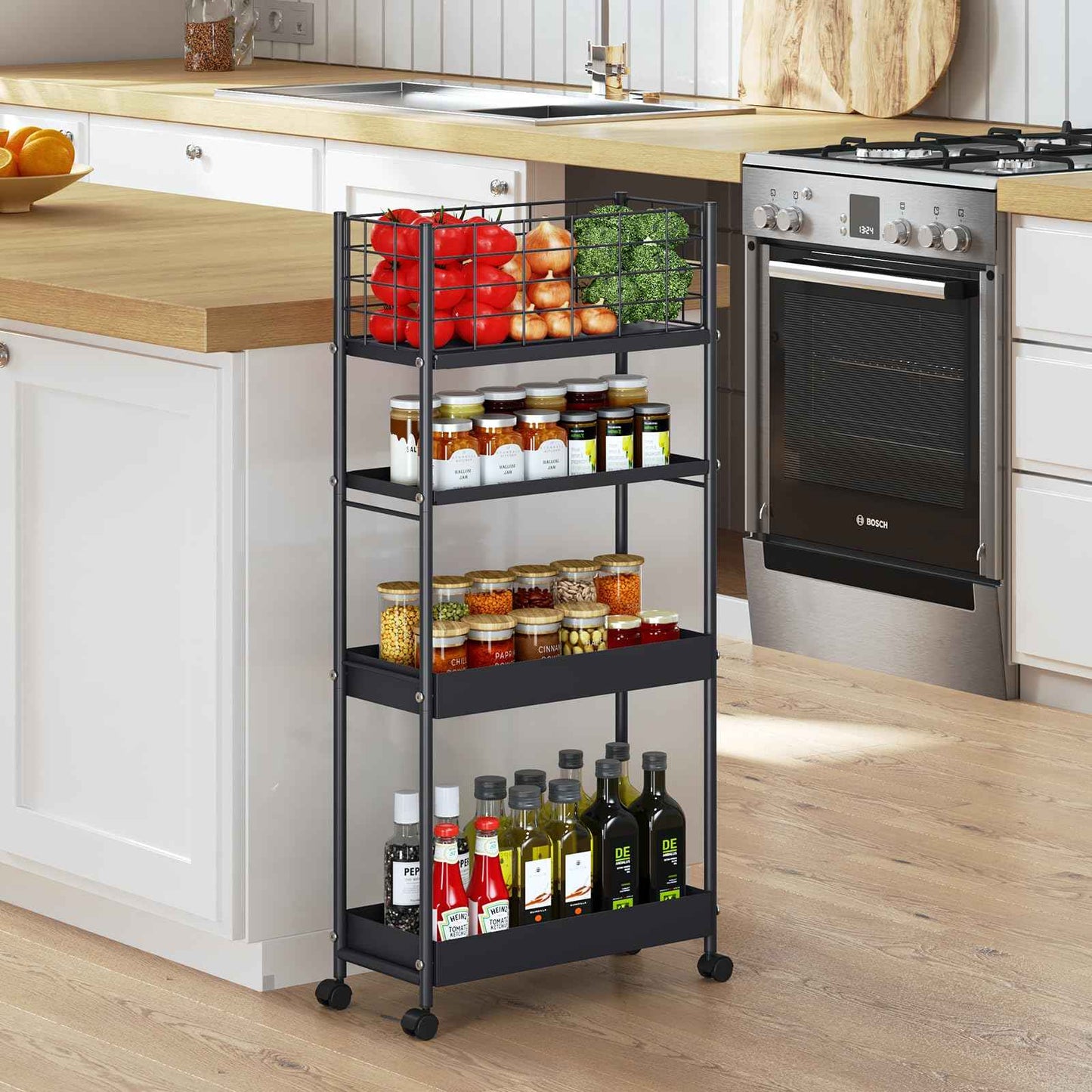 KINGRACK Slim Storage Cart, 4-Tier Metal Utility Rolling Cart with Wheels,Bathroom Organizer, Skinny Rolling Trolley, Mobile Shelving Unit for Office, Laundry Room, Narrow Place, Black