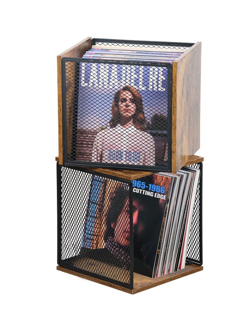 LOFTEY 2 Pack Vinyl Record Storage, 100-120 Records Vinyl Crate, Stackable Record Holder for 7"-12" Records, Cube Storage Box for Book & Toys, Rustic Brown