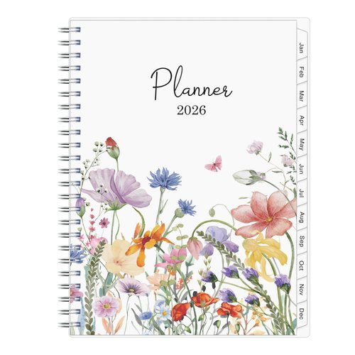 2026 Planner, Weekly ＆ Monthly Planner 2026, Jan 2026 – Dec 2026, 6.2" x 8.42", Flexible Cover, 12 Monthly Tabs, Thick Paper, Spiral Wirebound, Inner Pocket, Watercolor Flowers