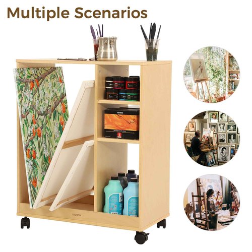 VISWIN Art Cart Organizer, Solid Pine Wood Art Supply Storage Organizer with Caster Wheels, 3-Tier Multifunctional Rolling Utility Storage Cart for Studio, Classroom, Artists - Natural