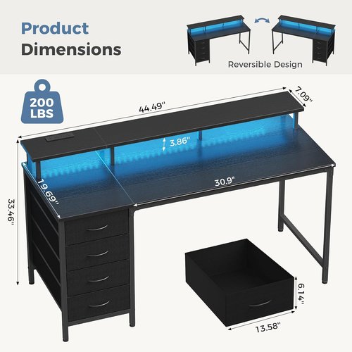 DUMOS Computer Desk - 4 Drawer Gaming Desk with Power Outlets & LED Lights | 45 Inch Black for Home Office & Small Spaces