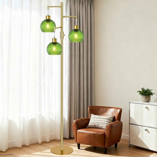 Duoled Glass Floor Lamp for Living Room, Modern Standing Lamp with Green Shade, 3 Lights Tree Lamp with 3 x 600LM Bulb, Dimmable Glass Tall Lamps for Bedroom