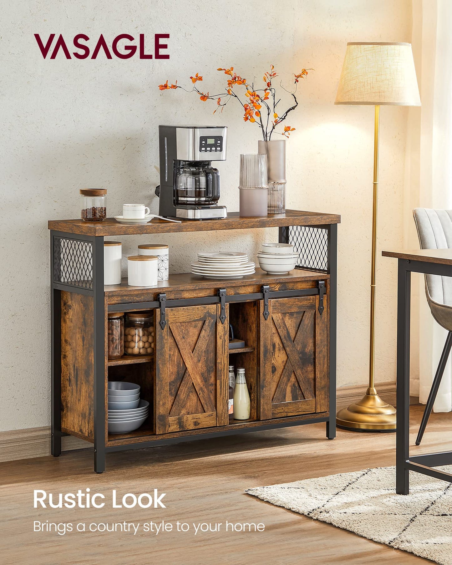 VASAGLE Buffet Cabinet, Coffee Bar Storage Cabinet, Sideboard with 2 Sliding Barn Doors, Adjustable Shelves, 13 x 39.4 x 31.5 Inches, for Living Room, Rustic Brown and Ink Black ULSC092B01