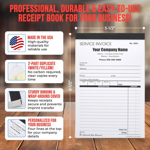 Custom Service Invoice Carbonless Form with Your Company Name - 2 Books (100 Sets) Numbered