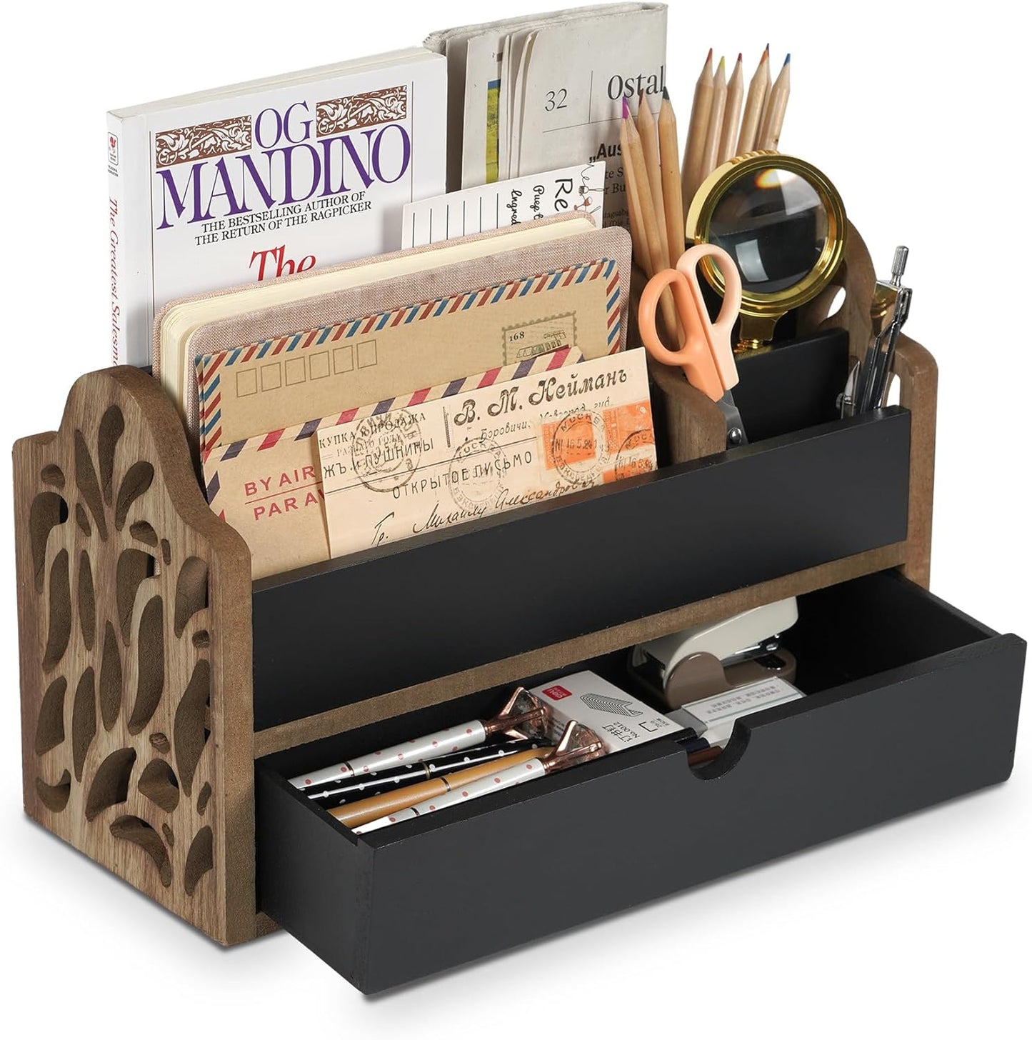 Skiennix Desk Organizer - Stylish Wooden File Holder with Drawer | 5-Slot Mail & Pen Storage for Home & Office