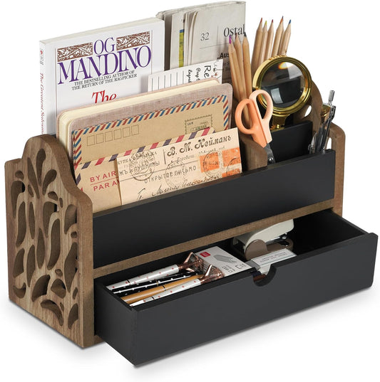 Skiennix Desk Organizer - Stylish Wooden File Holder with Drawer | 5-Slot Mail & Pen Storage for Home & Office