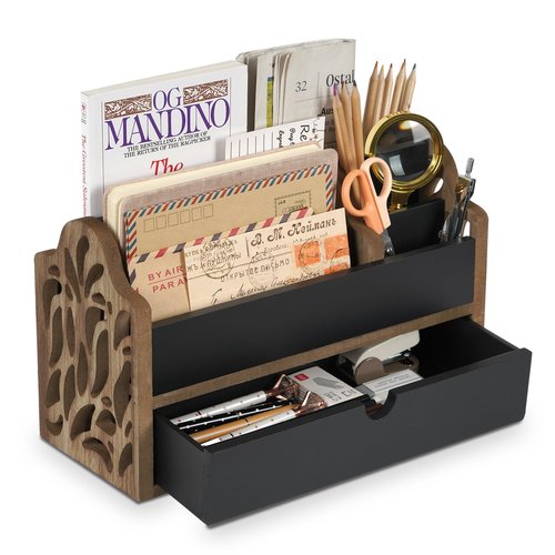 Dhmkfly Desk Organizer with Drawer Wood File Office Mail Organizer Countertop-5 Slot Tabletop Storage Pen Organizer Letter Holder for School Home Office Supplies