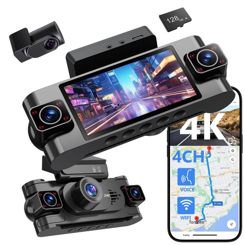 4 Channel Dash Cam 360° View,4K Front Rear Inside Dashcam,Left Right Dash Camera for Cars,Built-in GPS, 5G WiFi,Voice Control,Night Vision, 24/7 Recording Parking Mode Monitor, Free 128G Card