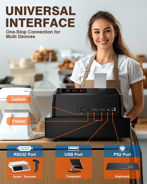 PYY Cash Register for Small Businesses - Electronic Commercial Caja Registradora para Negocio with Lock Cash Drawer Box and Scanner, 48 Keys, 8 Digital Dual Display for Retail Restaurant Supermarket