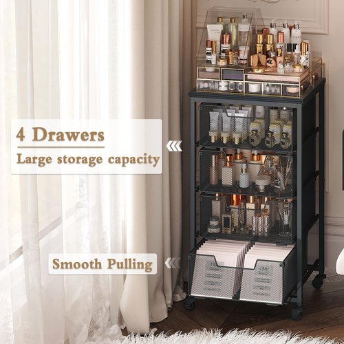 Metal Art and Craft Storage Organization Cart 4-Drawers Utility Rolling Carts With Lockable Wheels&Wooden Tabletop Art-Craft Supplies For Classroom,Office,Make-up,Kitchen,Bedroom,14"L x 11"W x 27.55"H