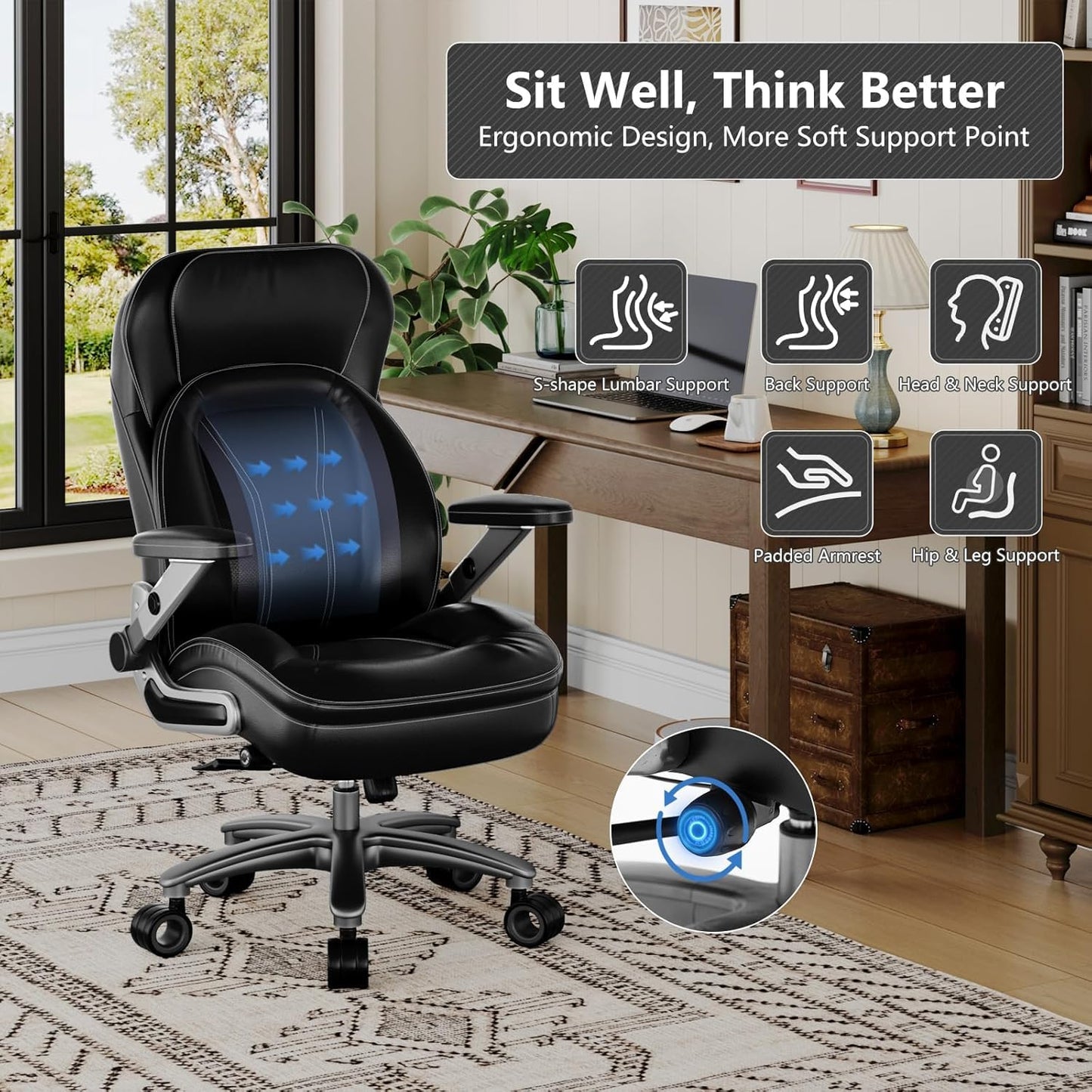 CoziCradle Big and Tall Office Chair, 600lbs Heavy Duty Desk Chair with 5D Arms, Adjustable Lumbar Support & Height, Tilt Function, PU Leather High Back Ergonomic Executive Computer Chair
