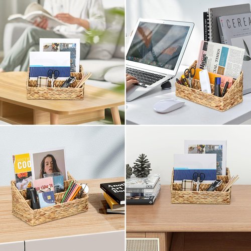 Desk Organizer – Countertop Mail Organizer, Magazine Holder, Boho Decor Water Hyacinth Desk Mail Holder for Home Office, Farmhouse, 12.6" L x 6.7" W x 6.3" H