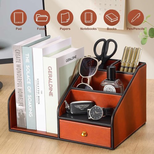 KINGFOM Desk Organizer - Multifunctional 6 Compartment PU Leather Holder for Office Supplies | Brown