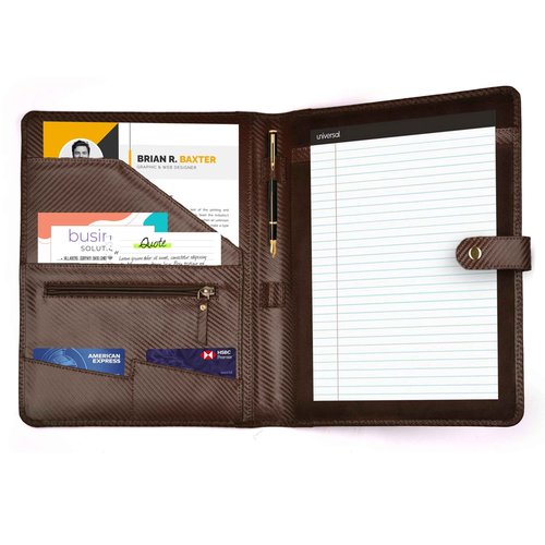LEATHER VILLAGE Portfolio Professional Organizer– Carbon Fiber Genuine Leather Padfolio Resume Folder for A4 Letter Pad with Pen Holder, Business Card Slots & Writing Pad– Ideal for Men & Women-Brown