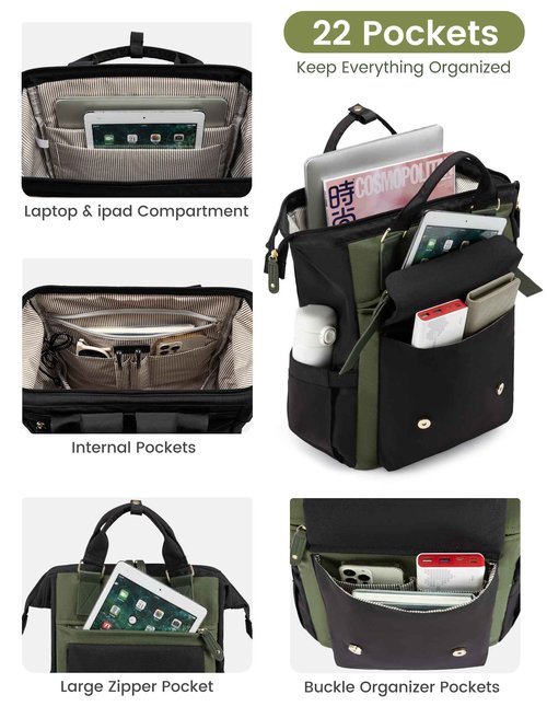LOVEVOOK Laptop Backpack for Women Work Travel Backpack Purse, Nurse Bags Teacher Doctor Commuter Business Computer Bag, College Backpack Stylish Daypack, 15.6 Inch, Black-army green-army green