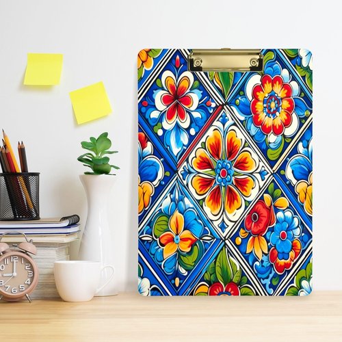 ATTX Mexican Ceramic Tile Design Decorative Clipboard with Low-Profile Gold Clip - Multi-Purpose School, Office, Nurse, Art Supplies Board - 9x12.5 Inches#245