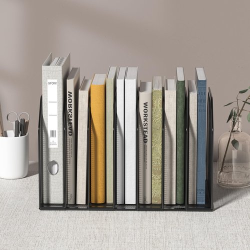 FANXIYQ Metal 7-Section File Folder Organizer for Desk | Vertical Office File Holder | Heavy-Duty Mesh Document Sorter for Books, Binders, Laptops | Black Desk Organizer (12.8”x8.5”x7.9”)
