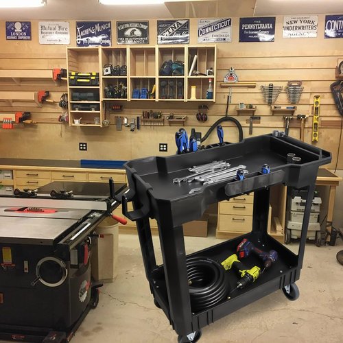 Aain 2 Shelf Heavy Duty Plastic Utility Cart, Supports Up to 500 Pound Black Rolling Utility Cart. 34 x 17 Inch Service Cart, 2 Fixed 2 Swivel Wheels, Ergonomic Handle Great for Warehouse, Garage.
