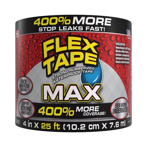 Flex Tape, MAX, Original Thick Flexible Rubberized Waterproof Tape - Seal and Patch Leaks, Works Underwater, Indoor Outdoor - Home RV Roof and Pool Repairs, Black, 4 in x 25 ft, Pack of 1
