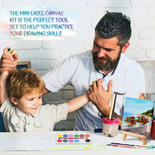 Teling 24 Set Mini Canvas Easel Set 4 x 4 Inch Art Canvases Painting Kit for Kids Birthday Gifts Art Party Supplies Gifts