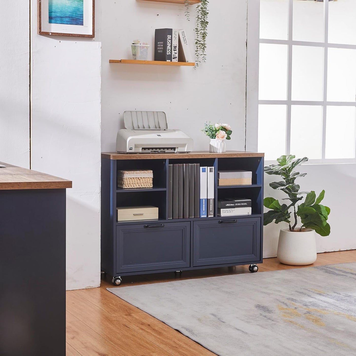 Skiennix Farmhouse Wood File Cabinet - Rolling Storage with 2 Drawers for Legal/Letter/A4 Size (Blue)