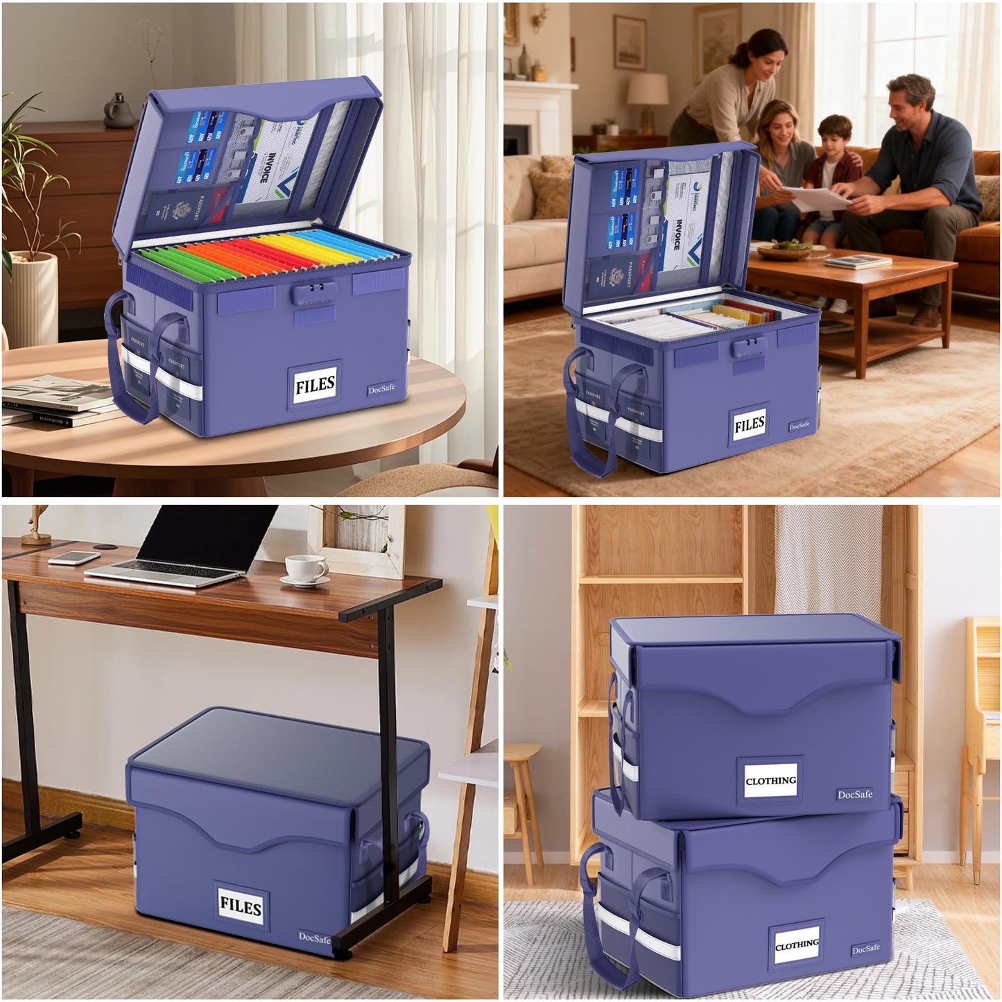 DocSafe 5200°F Fireproof Document Box with Lock,Heat Insulated File Organizer Storage with Pockets,Collapsible Portable Home Office File Safe Box with Handle for Hanging Letter/Legal Folders, Blue