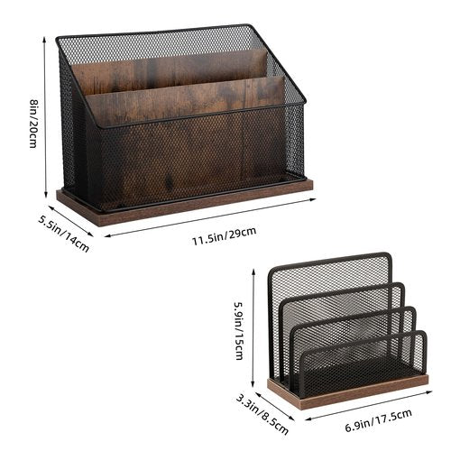 ASIFMTHOT 3-Tier Vertical File Storage with Retro Wooden Desk Mail Organizer and Metal Mesh Desktop Organizer for Home Office