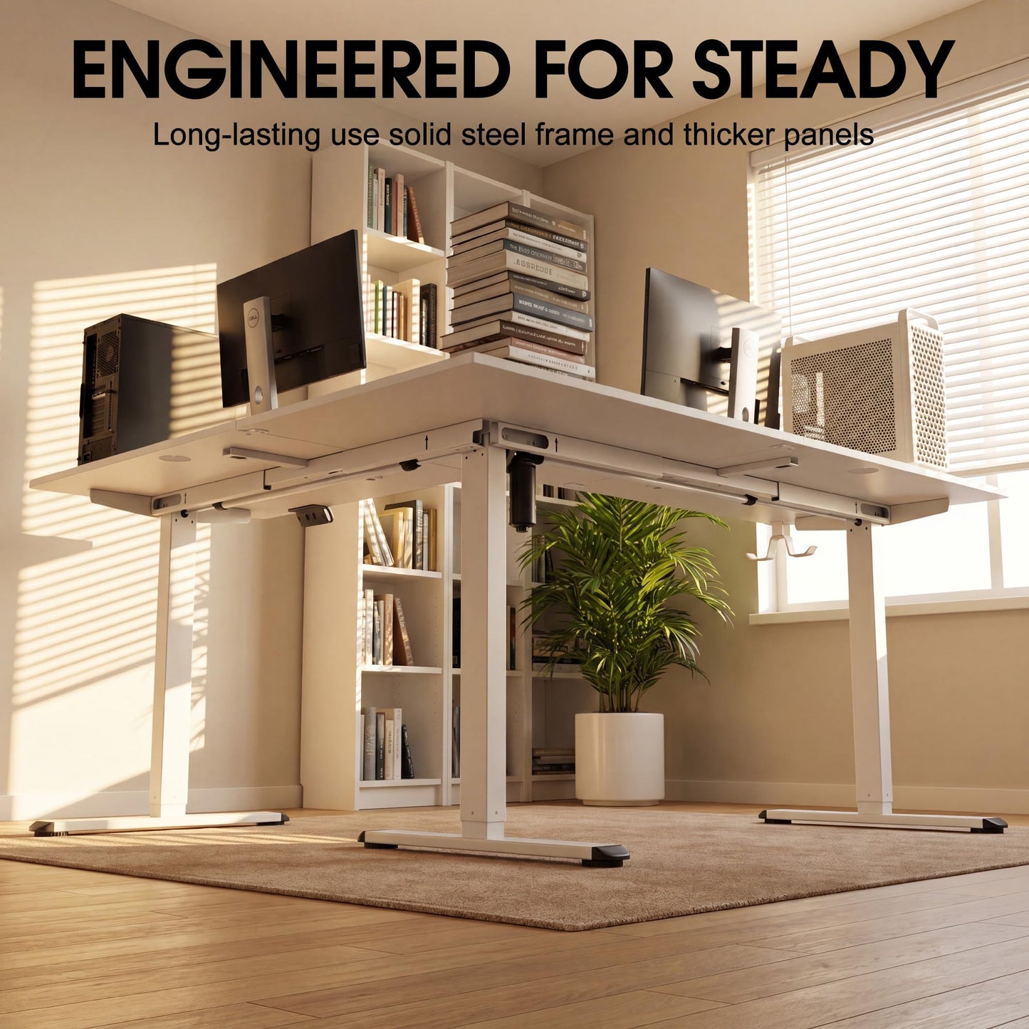 Furmax 63 x 55 Inch L Shaped Standing Desk with 2 Preset Heights, Electric Height Adjustable Computer Table, 2 Hooks & Feet Balance, Corner Sit Stand Desk for Home Office (White, 63 x 55 Inch)