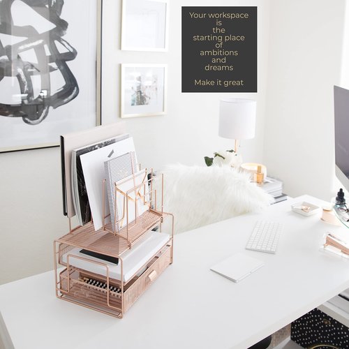 BLU MONACO Workspace Rose Gold Desk Organizer and Accessories Desktop Rack with File sorters and Drawer for Office Supplies, Paper, Device and Folder