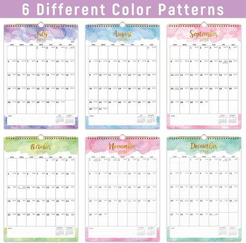 Colorful Waterink Wall Calendar 2026-2027 | 18-Month Twin-Wire Binding, 12" x 17" Size, Hanging Hook