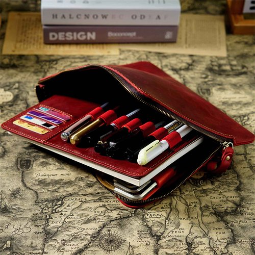 AIGUONIU Genuine Leather Zip Pen Case Creative 7 Slots Pen Case With Removable Pen Tray Holder Pencil Case Office Supplies Pouch(Red)