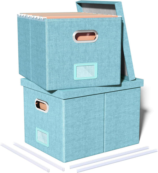 Skiennix File Storage Organizer - Portable Filing Box with Lid for Letter/Legal Folders | Light Blue - 2 Pack
