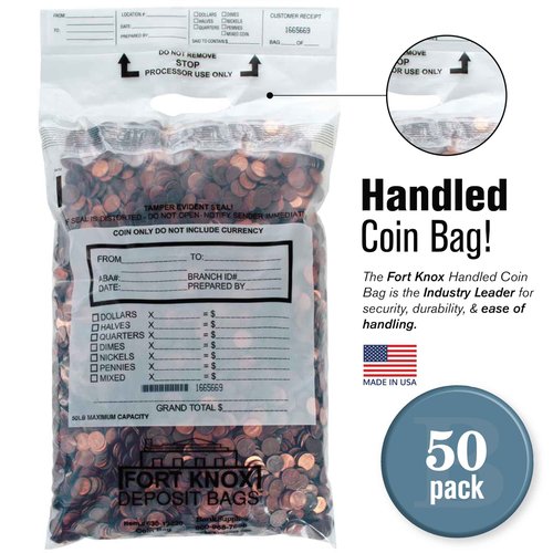 BankSupplies Poly Coin Bags 13 x 22 Inches, 50 Pack, Tamper Evident Seal, Single Handled, Holds Up to 50 lbs of Coin, Sequential Numbering with Tear Off Receipt
