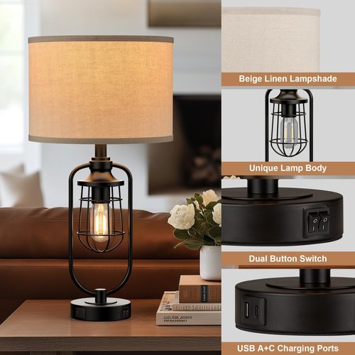 SRJJRS 24" Farmhouse Table Lamps for Living Room Set of 2, Black Rustic Lamps for Night Stands with USB Ports, Industrial Bedside Lamp for Bedroom End Tables, Bulbs Included