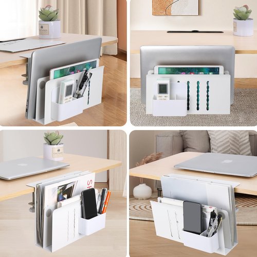 Henitol 2 TIER Desk Side Storage Upgraded Under Desk Organizer, No Drill Hanging Laptop Holder Under Desk, Clamp-On Table Side Tray Steel Desktop Organization for Office and Home (White)