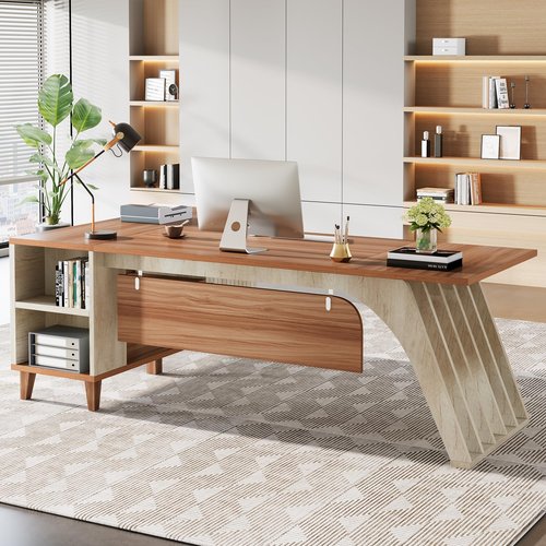 Tribesigns 78" L-Shaped Executive Desk, Large Modern Office Desk with Lateral File Cabinet and Drawer, Home Business Computer Workstation Set with Storage Shelves, Walnut & Oak