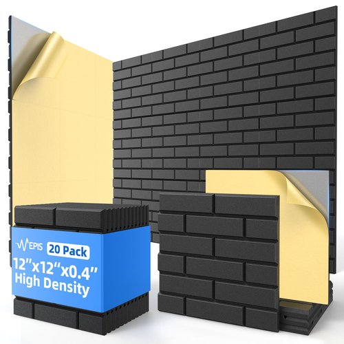 20 Pack Acoustic Panels with Self Adhesive, 12" X 12" X 0.4" High Density Sound Proof Foam Panels for Walls, Soundproof Wall Panels, Brick Sound Absorbing Panels for Home Studio Office Decor - Black