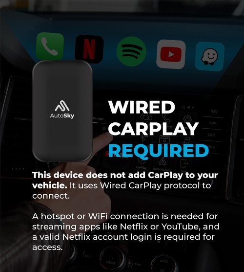 AutoSky Wireless CarPlay and Android Auto AI Box Lite for Factory Wired CarPlay Cars - Supports Netflix and YouTube Must use Hotspot - Go Wireless CarPlay and Android Auto. Wired CarPlay Required