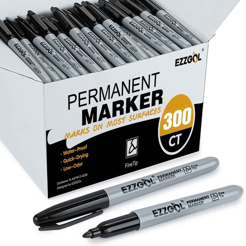 Ezzgol Permanent Markers Bulk, 300 Pack Fine Tip Black Permanent Markers, Waterproof Markers,