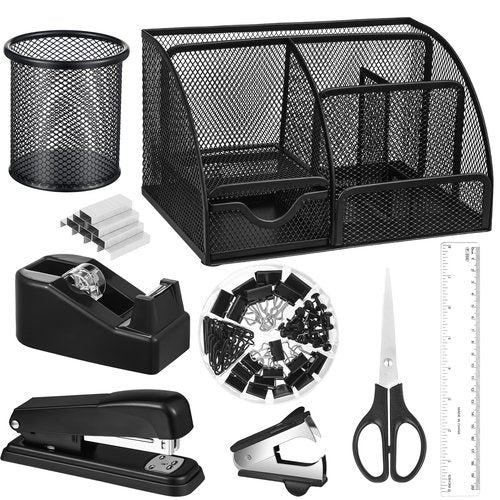 Black Desk Organizer and Accessories, Black Desk Asccessories Office Supply Kit Include Mesh Desktop Organizer Stapler 1000 Staples Tape Dispenser Pen Holder Staple Remover Clips Ruler Scissors
