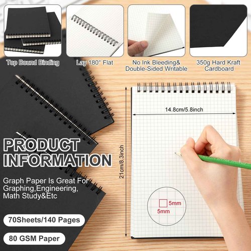 Engrowtic 18 Pack Graph Paper Spiral Notepad A5 Top Wirebound Notepad Grid Notebook Steno Pads Memo Notebook Grid Paper 140 Pages for Writing Sketching Drawing Office Supplies (Black)