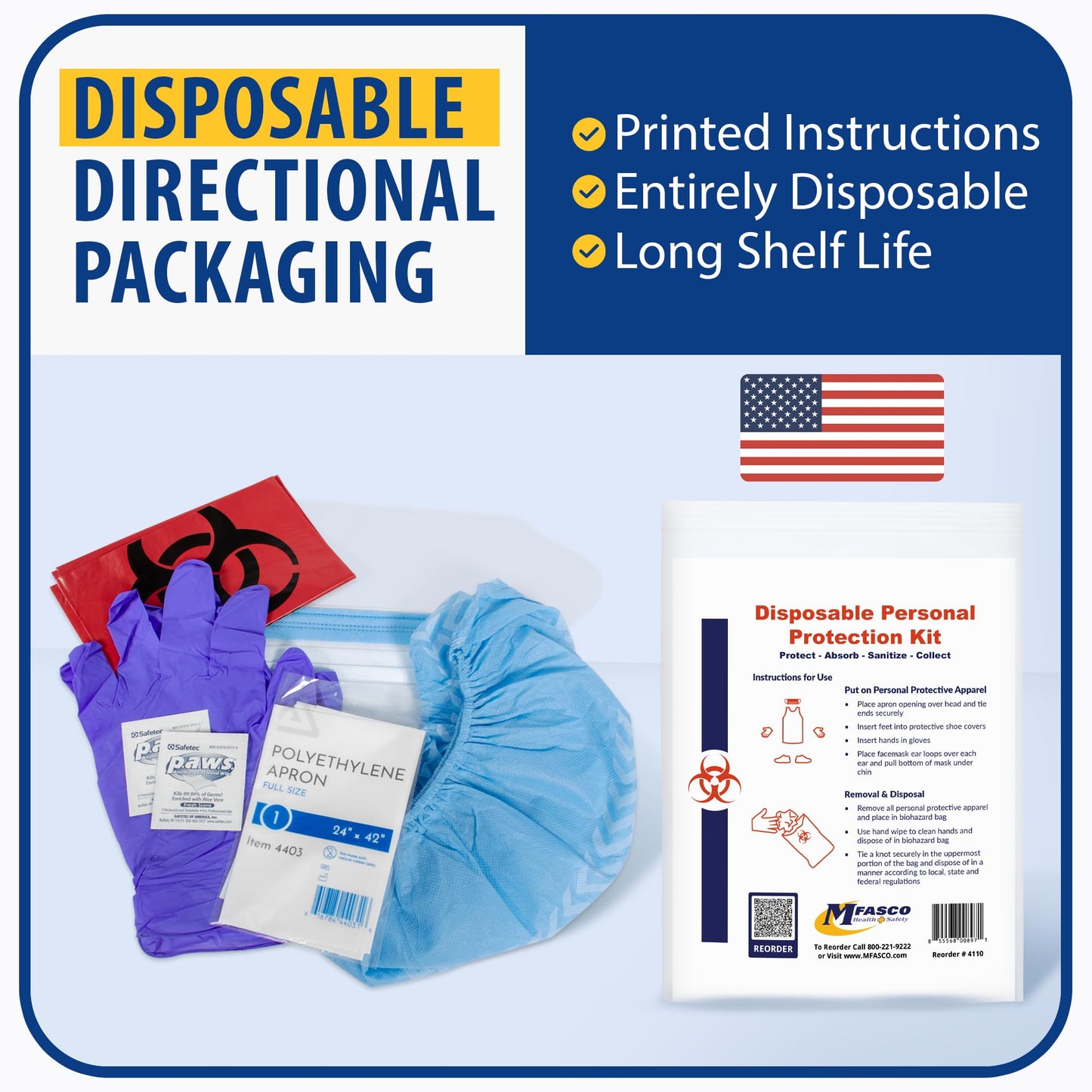 MFASCO Disposable PPE Kit with Apron & Visor - Complete Protection - Mask, Visor, Apron, Gloves, Shoe Covers - USA Assembled - Vomit, Blood, Urine & Feces Protection