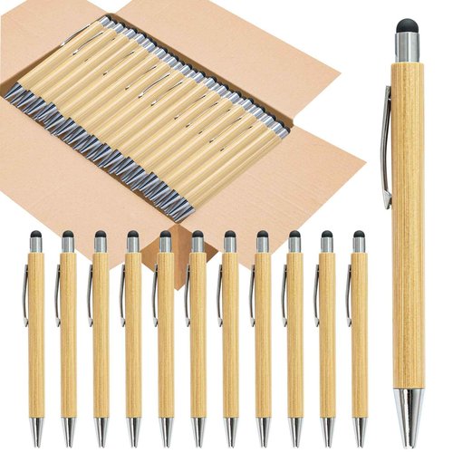 lyforx 250 Pack Bamboo Pens Bulk with Touch Stylus Tip Wooden Bamboo Pens Engraving Wooden Ballpoint Pen Customizable Gift Pen Bulk