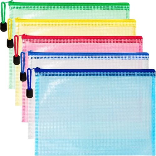 Mesh Zipper Pouch Bags - 5 Pack Waterproof Clear Storage Pouches | 6.8x9.4 Inch Assorted Colors for Home, Office & Travel