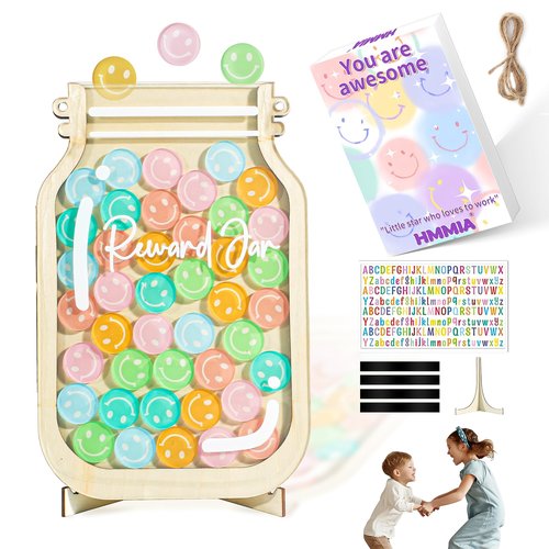 HMMIA Personalized Magnetic Reward Jar, Smiley Faces Jar with Colorful Letter Stickers, Ideal for Classroom Reward System, Home Chore Chart, Positive Behavior Training (42PCS Smiley)