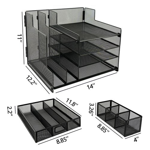 ALTOS OFFICE AND HOME Metal Mesh Desk Organizer, 1 Sliding Drawer, 4 Horizontal Trays and 2 Vertical Sections, with 3 Spaces for Pencils and Accessories Black, Reinforced Edges, Electrostatic Paint