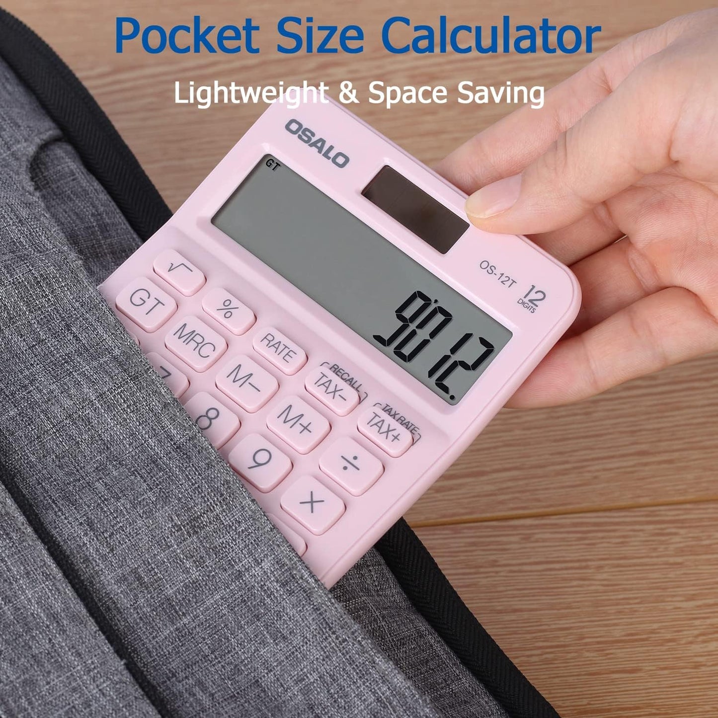 Skiennix Pocket Desk Calculator - 12 Digit LCD Display | Solar & Battery Power, Compact Size (Pink)